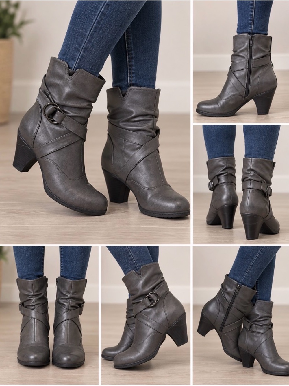 Vangelo Grey Ankle Boots Size 36 | Buckle Strap Block Heel Booties